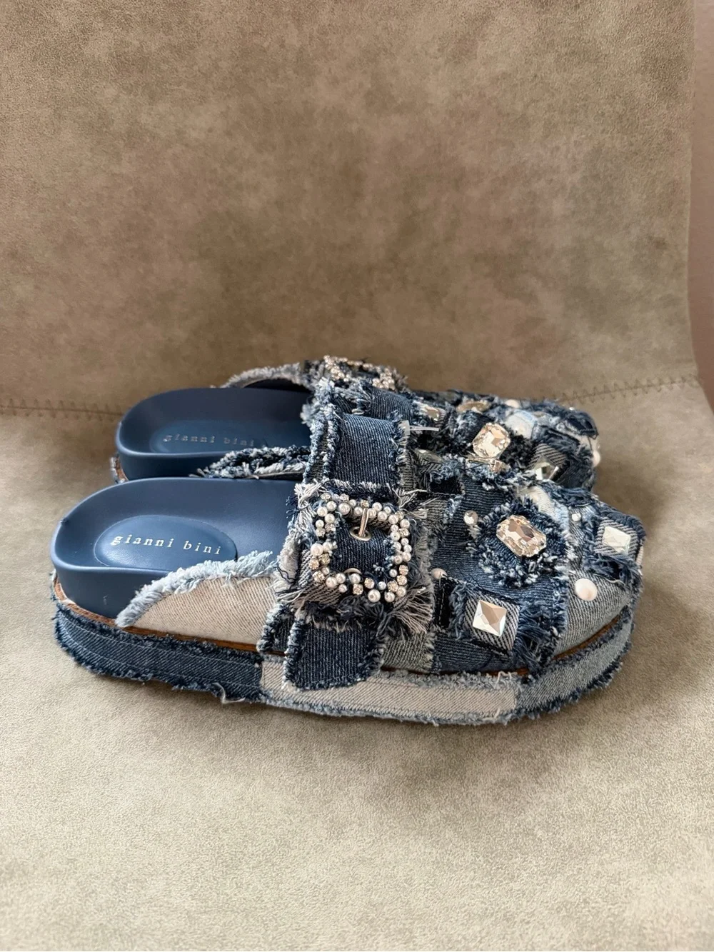 NWT Gianni Bini Omari Denim Patchwork Jewel and Pearl Embellished Platform Clogs